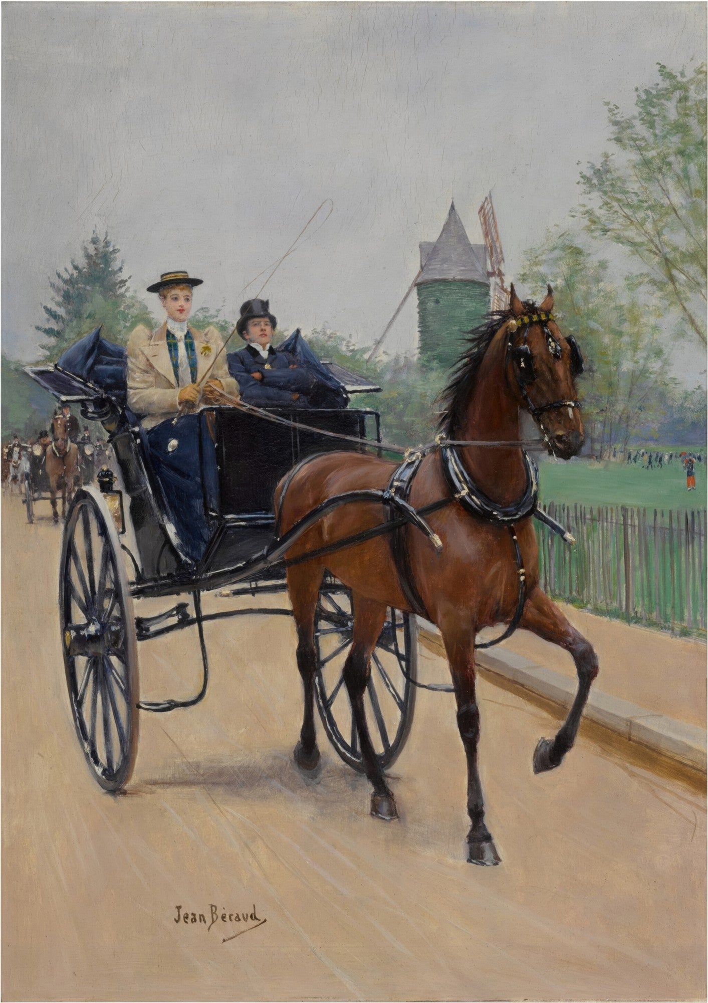 Quadro decorativo 'A Carruagem' de Jean Béraud, retratando uma mulher elegante e um cocheiro em uma carruagem puxada por um cavalo marrom, em uma paisagem com moinho ao fundo, em estilo realista do século XIX.