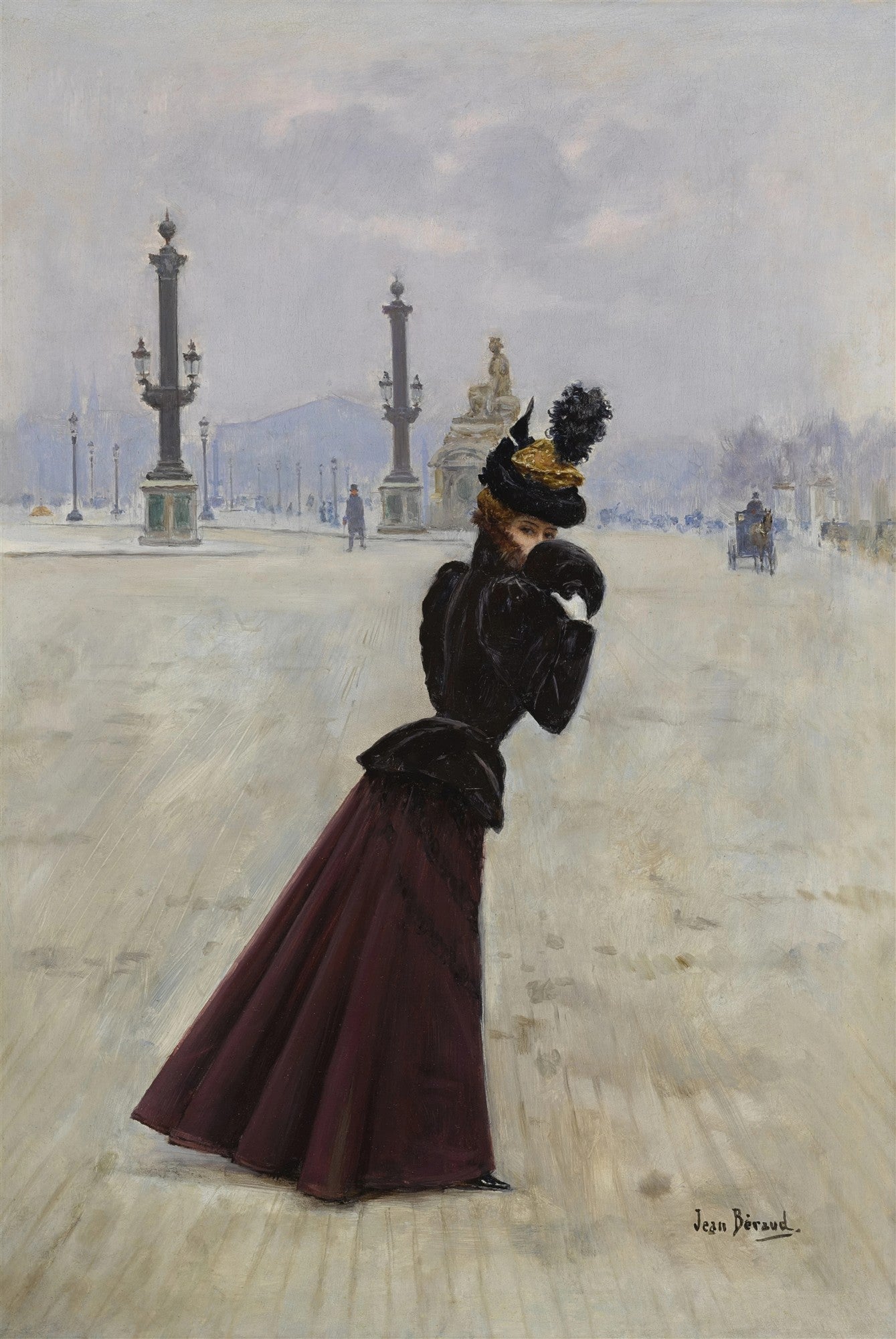 Quadro decorativo atribuído a Jean Béraud, retratando uma mulher elegante em um dia de inverno em Paris, com chapéu e casaco escuros, em frente a monumentos da cidade. Tons de cinza, vinho e marrom dominam a cena.