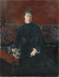 Retrato de uma mulher sentada em um sofá ornamentado, vestindo um vestido preto elegante, com um pequeno cão adormecido em seu colo, pintado por Jean Béraud.