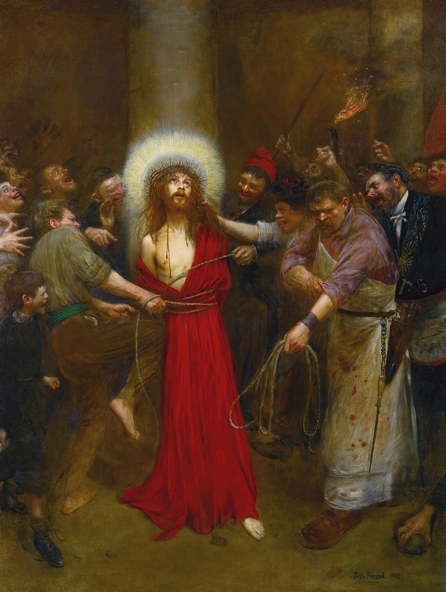 Quadro 'Ecce Homo' de Jean Béraud, representando Jesus Cristo com a coroa de espinhos e vestes vermelhas, amarrado, cercado por uma multidão hostil e curiosa. A luz emana da figura de Cristo, contrastando com a escuridão do ambiente e a ferocidade das expressões ao redor.