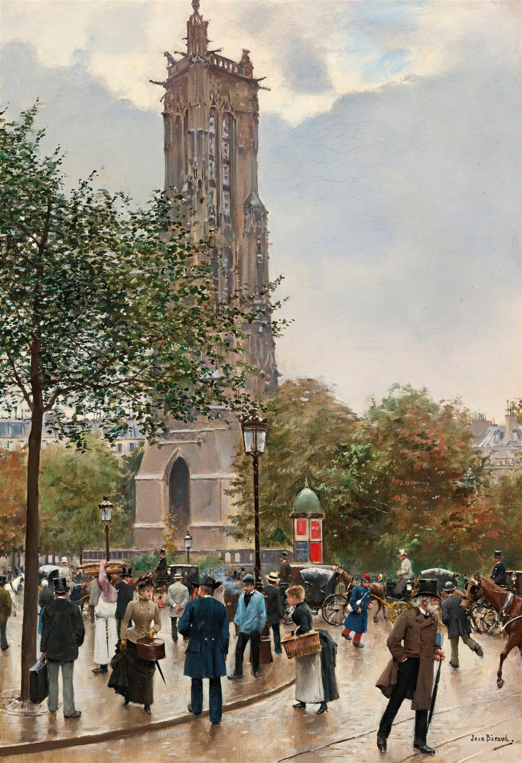 Quadro decorativo mostrando a Torre Saint-Jacques em Paris, com pessoas elegantes passeando na rua movimentada. A pintura é atribuída a Jean Béraud e captura a atmosfera da Belle Époque com cores sutis e detalhes realistas da arquitetura gótica e da vida urbana.
