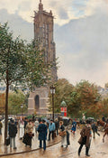 Quadro decorativo mostrando a Torre Saint-Jacques em Paris, com pessoas elegantes passeando na rua movimentada. A pintura é atribuída a Jean Béraud e captura a atmosfera da Belle Époque com cores sutis e detalhes realistas da arquitetura gótica e da vida urbana.