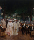 Quadro decorativo mostrando uma cena noturna em Paris, com pessoas elegantes vestidas com trajes de época, sob a luz de lâmpadas penduradas em árvores, atribuído a Jean Béraud. A cena retrata a vida social da Belle Époque, com homens de cartola e mulheres com chapéus elaborados, em um ambiente de café ou jardim iluminado.
