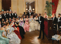 Quadro decorativo mostrando uma cena social elegante do século XIX, com homens de smoking e mulheres em vestidos de gala, reunidos em um salão opulento, possivelmente durante um concerto ou recital. A obra é de Jean Béraud.