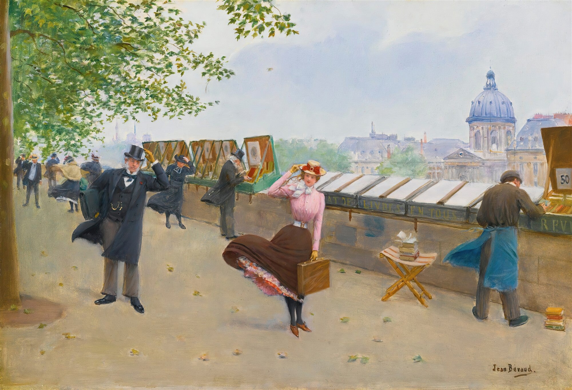 Quadro decorativo com cena urbana de Paris no século XIX, de Jean Béraud, mostrando pessoas caminhando em um dia ventoso perto de bancas de livros, com a cúpula de um edifício clássico ao fundo.