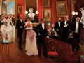 Quadro decorativo "A Noite na Ópera" de Jean Béraud, retratando uma cena de gala com pessoas elegantes em um salão opulento com paredes vermelhas e lustres dourados.