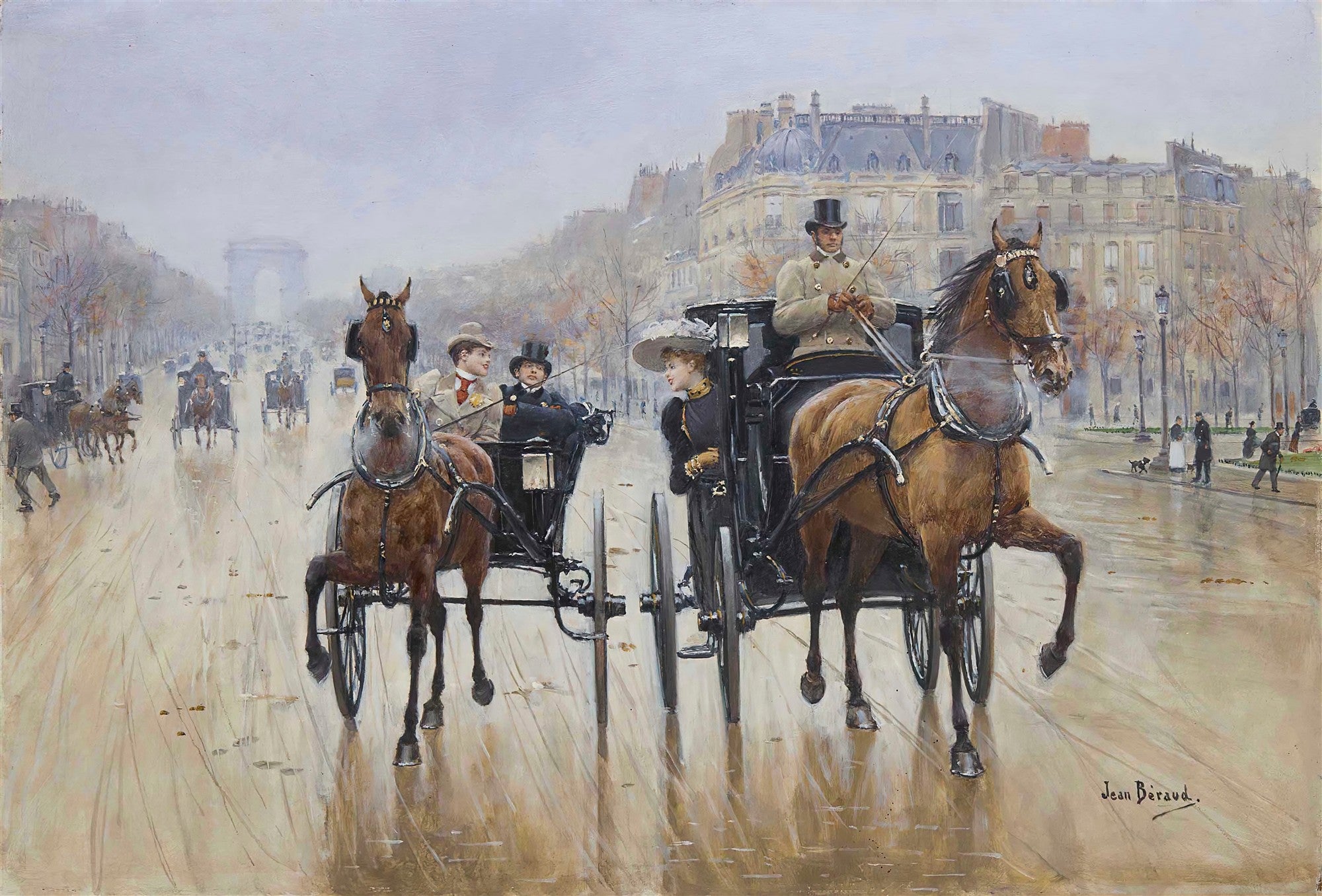Quadro decorativo de Jean Béraud, mostrando uma rua movimentada de Paris no século XIX, com carruagens e pessoas sob um céu cinzento, com o Arco do Triunfo ao fundo.