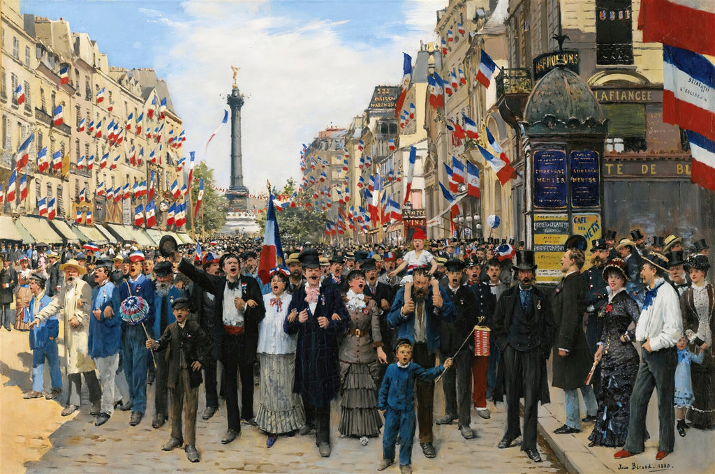 Quadro decorativo retratando uma multidão celebrando na rua, com bandeiras francesas, em Paris, obra de Jean Béraud