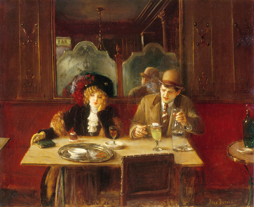 Quadro decorativo 'A Taça de Absinto' de Jean Béraud, mostrando uma mulher elegante e um homem em um café parisiense do século XIX, com reflexos em espelhos.