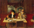 Quadro decorativo 'A Taça de Absinto' de Jean Béraud, mostrando uma mulher elegante e um homem em um café parisiense do século XIX, com reflexos em espelhos.