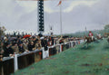 Quadro decorativo de Jean Béraud, 'La Course', mostrando uma corrida de cavalos com público elegante assistindo sob um céu nublado, com um cavalo e jóquei em destaque. Assinatura e data 'Jean Béraud 1886' no canto inferior direito.