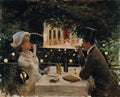 Quadro decorativo 'A Noite no Jardim' de Jean Béraud, retratando um casal elegante em um jardim noturno com um palco e artistas ao fundo, sob luzes suaves.