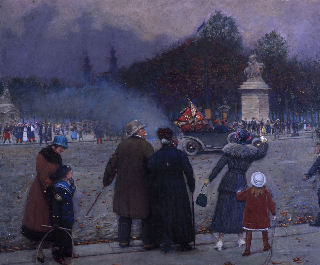 Quadro decorativo mostrando uma cena noturna urbana com pessoas observando um carro a vapor em uma rua parisiense, atribuída a Jean Béraud.