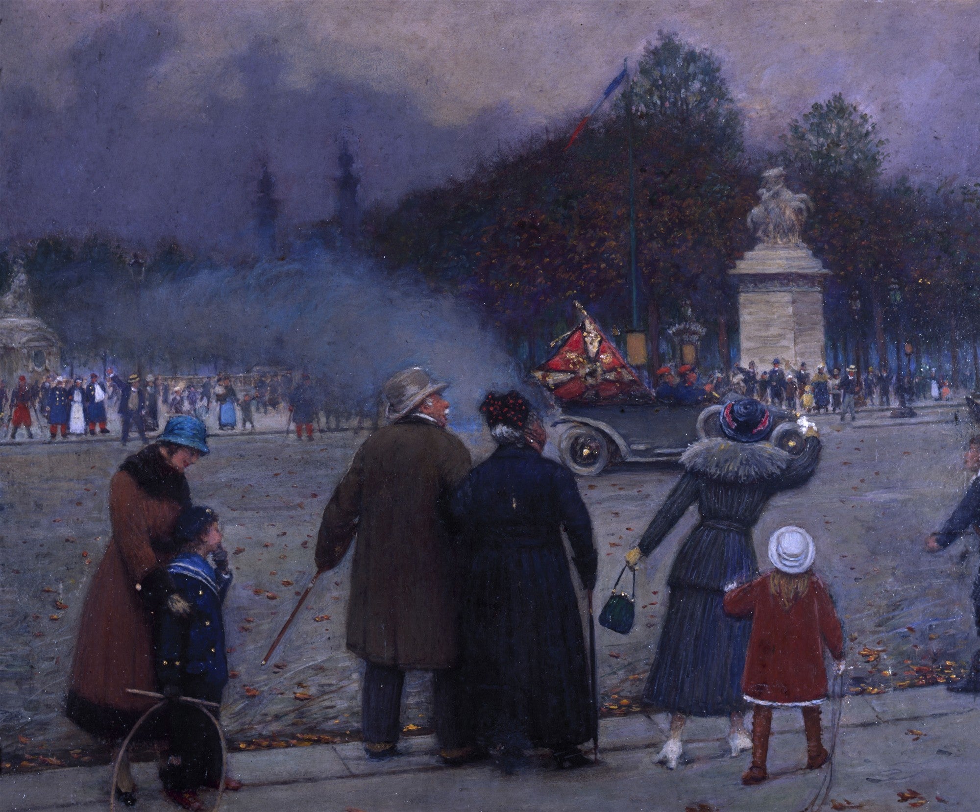Quadro decorativo mostrando uma cena noturna urbana com pessoas observando um carro a vapor em uma rua parisiense, atribuída a Jean Béraud.
