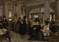 Quadro decorativo com pintura a óleo de Jean Béraud de uma pâtisserie parisiense, com pessoas elegantemente vestidas em atividades sociais e degustando doces. A paleta é predominantemente em tons neutros e terrosos, com detalhes dourados. A cena inclui um senhor de cartola, mulheres com chapéus elaborados, crianças e atendentes, refletindo a vida urbana da Belle Époque.