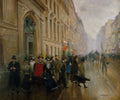 Quadro decorativo mostrando uma rua parisiense chuvosa do século XIX, com pessoas caminhando e edifícios elegantes, atribuída a Jean Béraud.