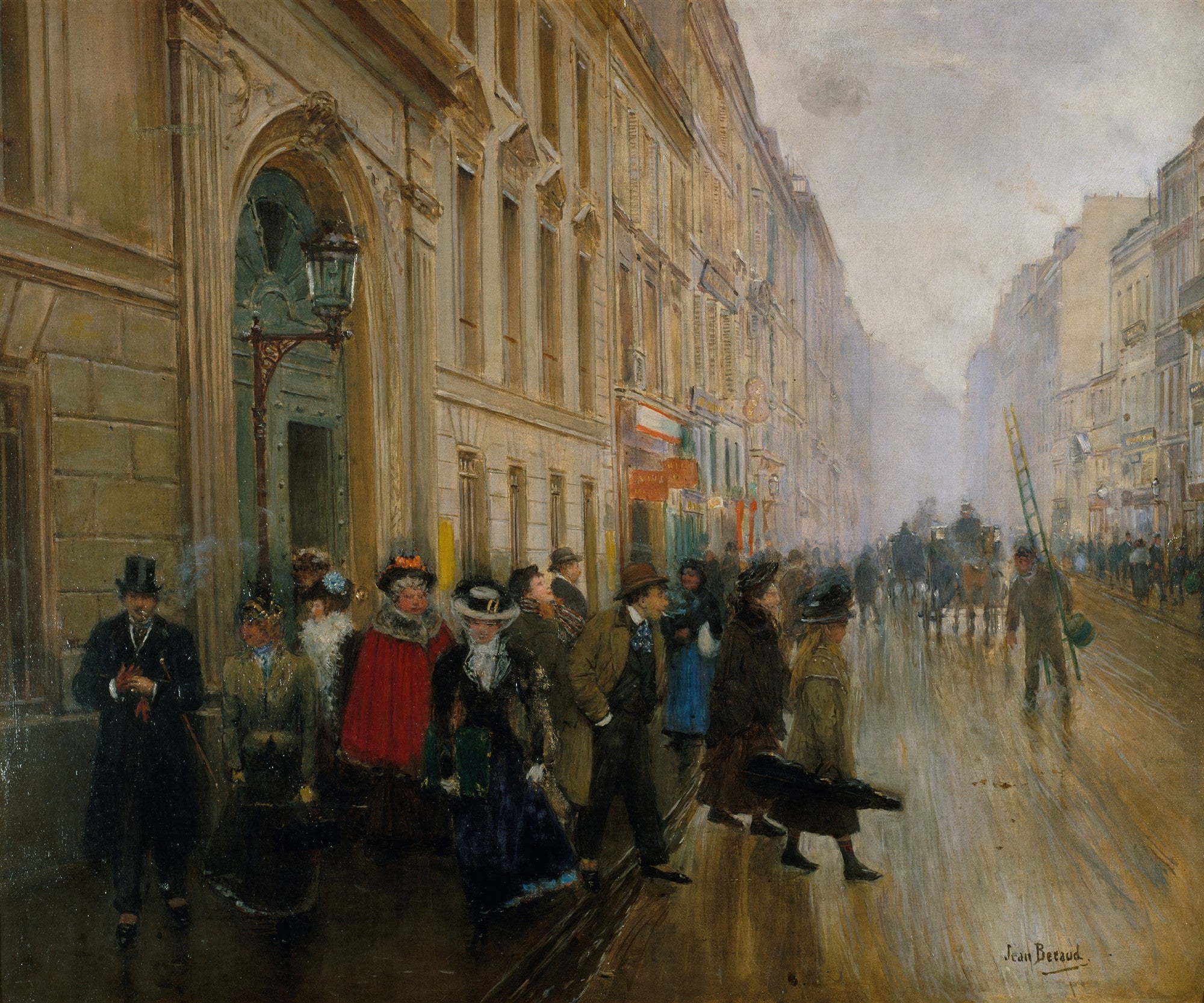 Quadro decorativo mostrando uma rua parisiense chuvosa do século XIX, com pessoas caminhando e edifícios elegantes, atribuída a Jean Béraud.