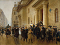 Quadro decorativo mostrando uma cena de rua parisiense no século XIX, com pessoas saindo de um edifício neoclássico que parece ser uma escola, com a inscrição 'Lycée Condorcet' acima das colunas. A rua está movimentada com figuras elegantes, algumas a pé e uma carruagem ao fundo, sob um céu nublado. A luz é difusa, e a paleta de cores é sóbria, com tons terrosos e cinzas predominando. Assinatura 'Jean Béraud' no canto inferior esquerdo.