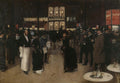 Quadro decorativo mostrando uma cena noturna em Paris, com pessoas vestidas elegantemente saindo de um teatro iluminado, ao estilo de Jean Béraud.