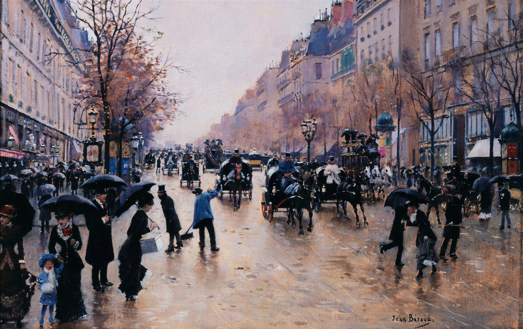 Quadro decorativo mostrando uma movimentada rua de Paris sob chuva, com pessoas usando guarda-chuvas e carruagens puxadas por cavalos. A assinatura de Jean Béraud está no canto inferior direito.