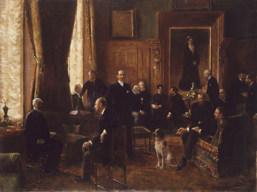 Quadro decorativo mostrando uma cena de encontro social em uma sala clássica, com vários homens e uma mulher, além de um cachorro, em um ambiente ricamente decorado com cortinas e painéis de madeira. A luz entra pela janela à esquerda, iluminando sutilmente o espaço.