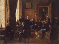 Quadro decorativo mostrando uma cena de encontro social em uma sala clássica, com vários homens e uma mulher, além de um cachorro, em um ambiente ricamente decorado com cortinas e painéis de madeira. A luz entra pela janela à esquerda, iluminando sutilmente o espaço.