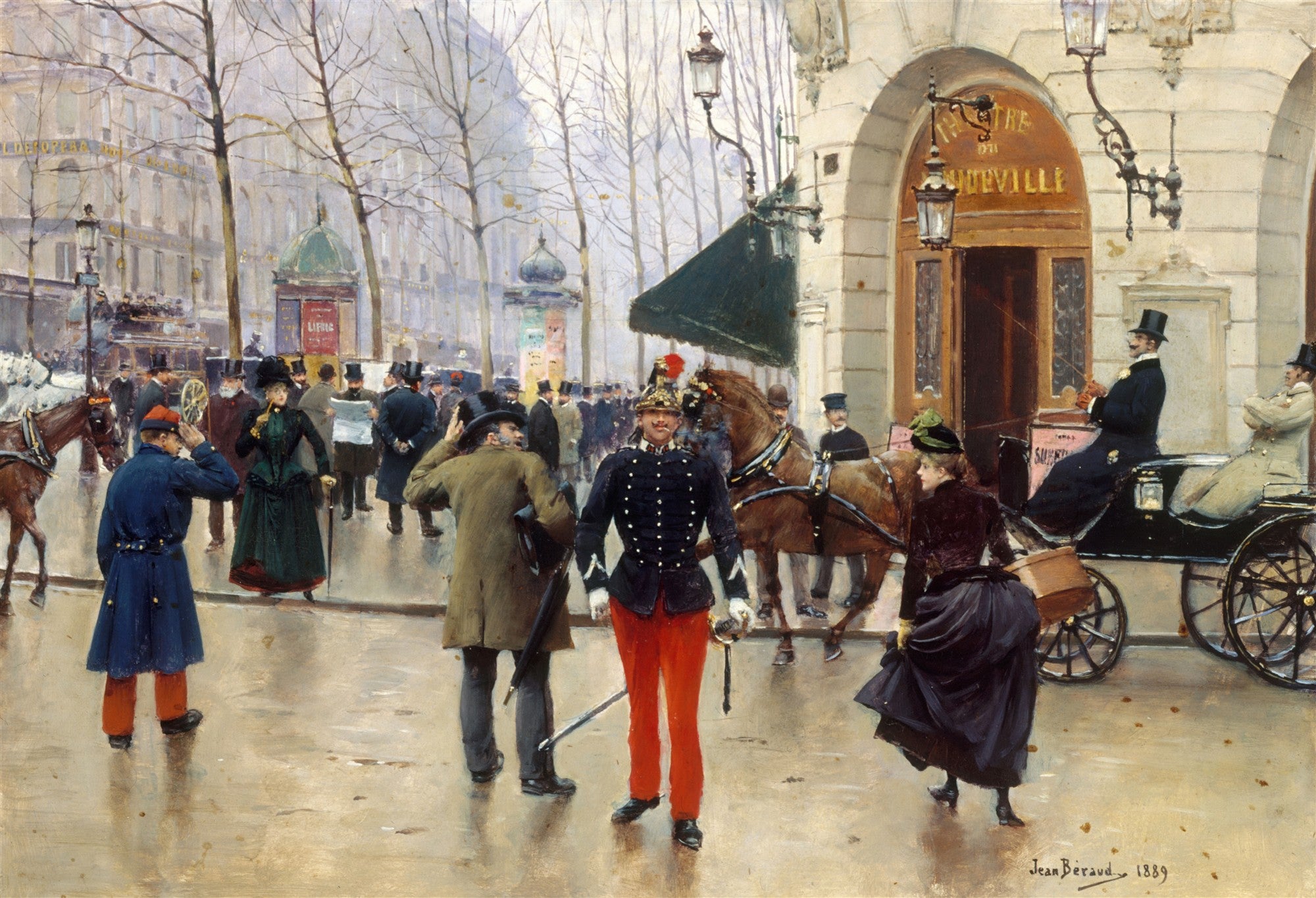 Quadro decorativo mostrando uma cena de rua parisiense no século XIX, com pessoas elegantemente vestidas, carruagens, e edifícios clássicos em um dia nublado. A pintura é atribuída a Jean Béraud.