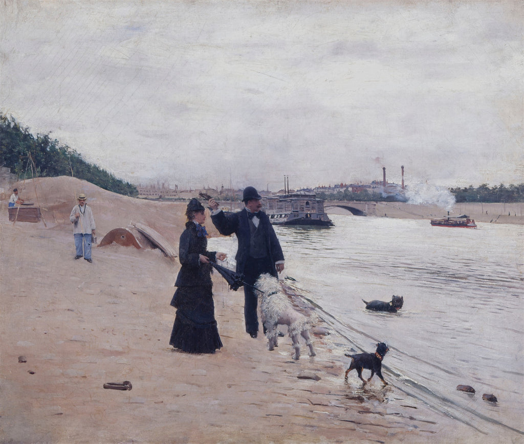 Quadro decorativo mostrando uma cena urbana de Jean Béraud, com um casal e cachorros à beira de um rio, com barcos e uma ponte ao fundo sob um céu nublado.