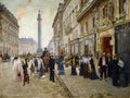 Quadro decorativo mostrando uma movimentada rua parisiense do século XIX, com pessoas elegantes, carruagens e edifícios clássicos, com uma coluna monumental ao fundo. Atribuída a Jean Béraud.