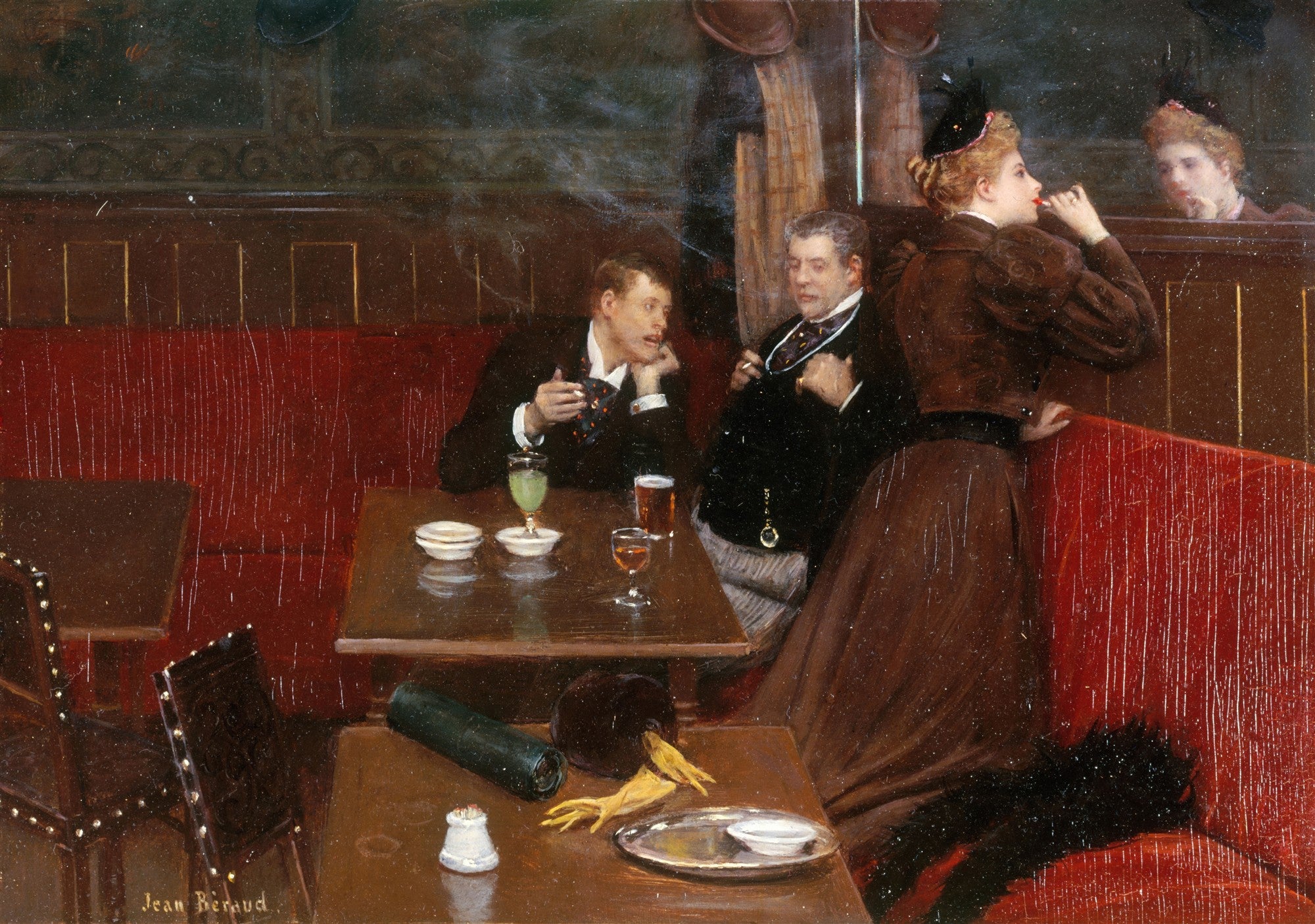 Quadro decorativo mostrando uma cena de café parisiense do século XIX, com uma mulher de costas observando dois homens conversando em uma mesa, enquanto outra pessoa espreita ao fundo. Cores terrosas e tons de vermelho dominam a composição.
