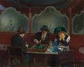 Quadro decorativo 'A Mesa de Jogo' de Jean Béraud, representando três pessoas em um café, com dois homens jogando e uma mulher observando pensativa. A cena noturna é iluminada de forma suave, com tons de verde, marrom e vermelho.