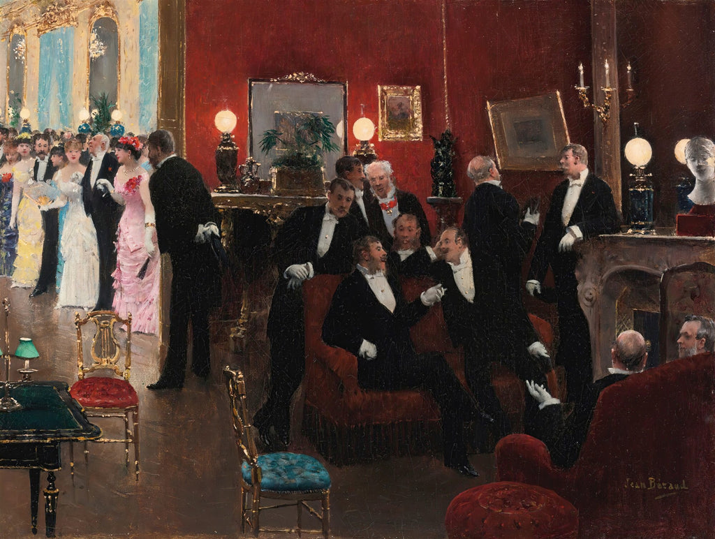 Quadro decorativo 'A Noite da Ópera' de Jean Béraud, representando um salão luxuoso com pessoas elegantemente vestidas em um evento social, com homens em fraques e mulheres em vestidos de gala, capturando a atmosfera vibrante da alta sociedade parisiense do século XIX.