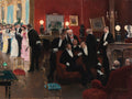 Quadro decorativo 'A Noite da Ópera' de Jean Béraud, representando um salão luxuoso com pessoas elegantemente vestidas em um evento social, com homens em fraques e mulheres em vestidos de gala, capturando a atmosfera vibrante da alta sociedade parisiense do século XIX.