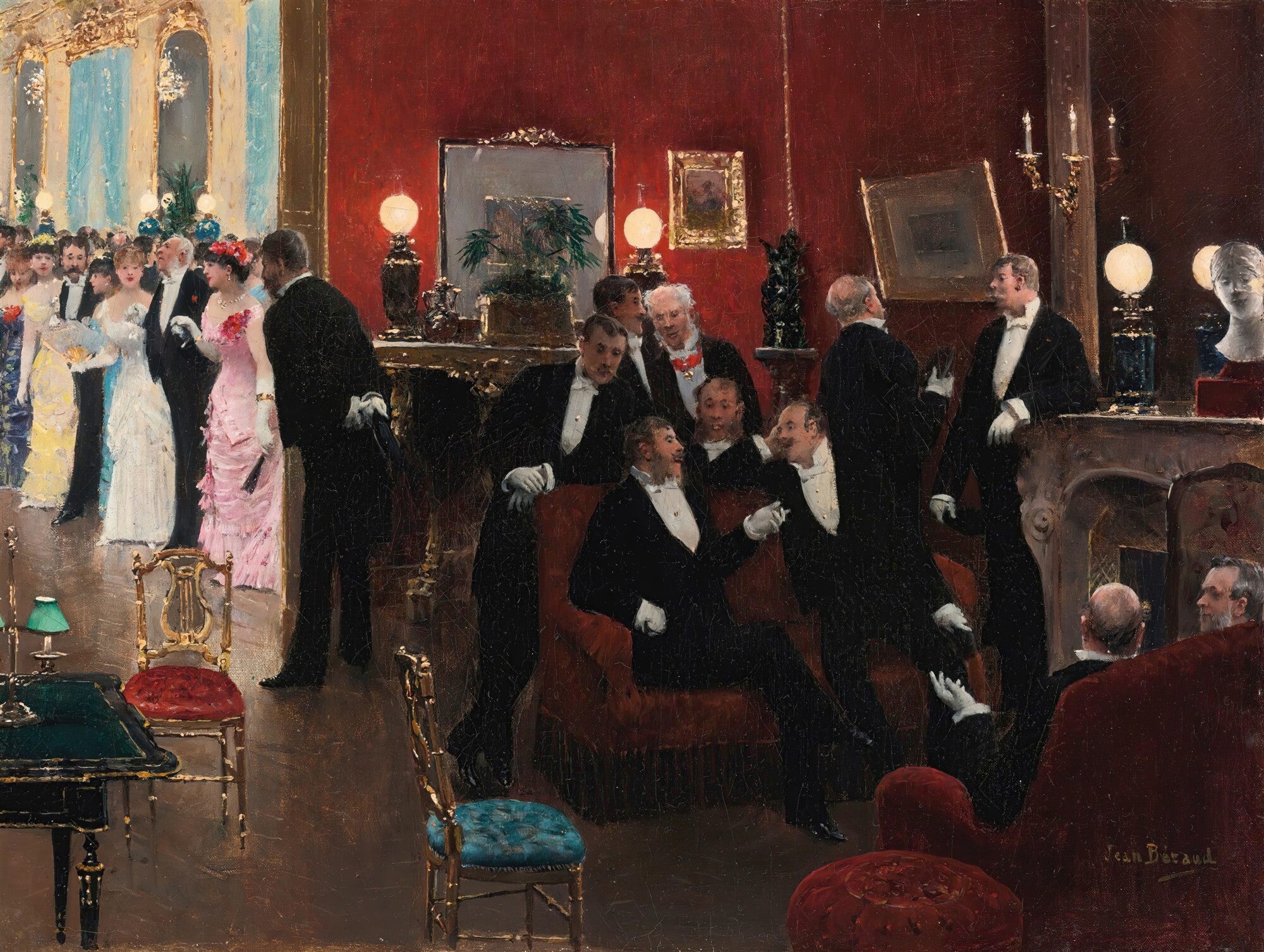 Quadro decorativo 'A Noite da Ópera' de Jean Béraud, representando um salão luxuoso com pessoas elegantemente vestidas em um evento social, com homens em fraques e mulheres em vestidos de gala, capturando a atmosfera vibrante da alta sociedade parisiense do século XIX.