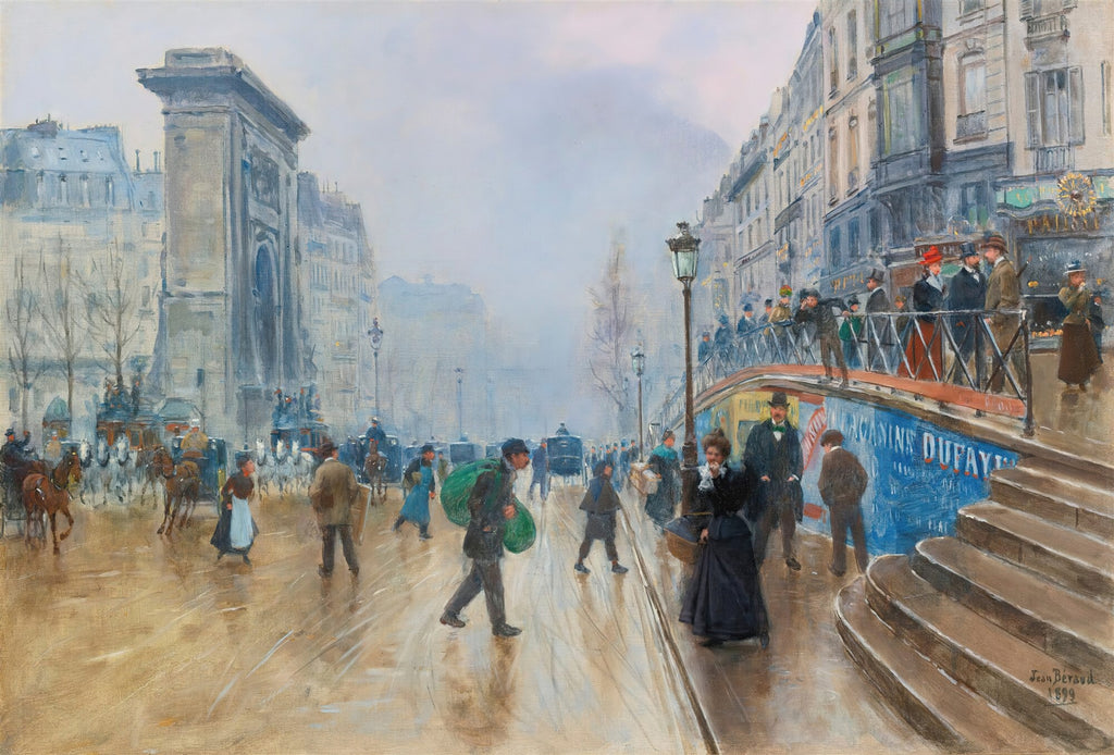 Quadro de Jean Béraud 'A Parisian Street', mostrando uma rua movimentada de Paris no final do século XIX, com carruagens e pedestres em um dia nublado. A arquitetura parisiense clássica e um arco imponente são visíveis ao fundo, com a rua molhada refletindo a luz.