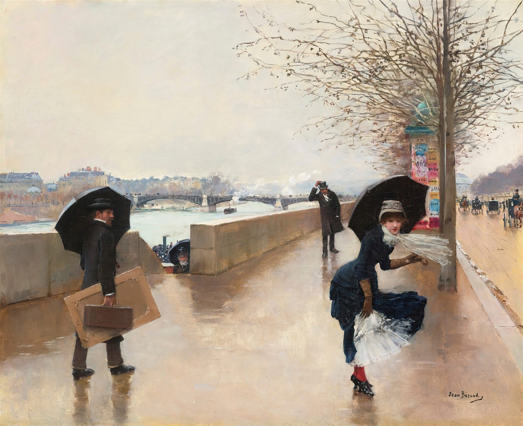 Pintura a óleo de Jean Béraud, 'Le Pont des Arts un jour de pluie', mostrando pessoas com guarda-chuvas em uma rua chuvosa de Paris, com a ponte e o rio Sena ao fundo. Uma mulher de vestido azul tenta segurar o chapéu e a saia contra o vento.