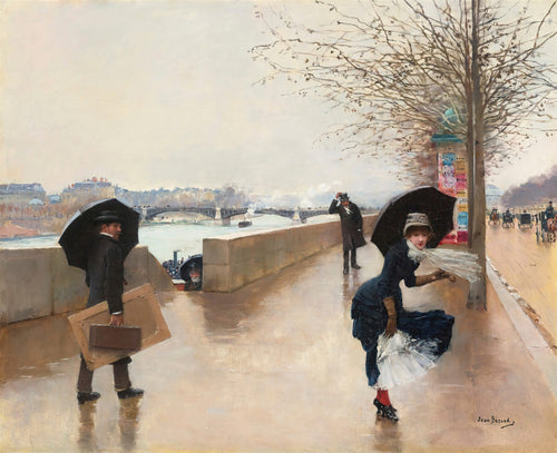 Pintura a óleo de Jean Béraud, 'Le Pont des Arts un jour de pluie', mostrando pessoas com guarda-chuvas em uma rua chuvosa de Paris, com a ponte e o rio Sena ao fundo. Uma mulher de vestido azul tenta segurar o chapéu e a saia contra o vento.