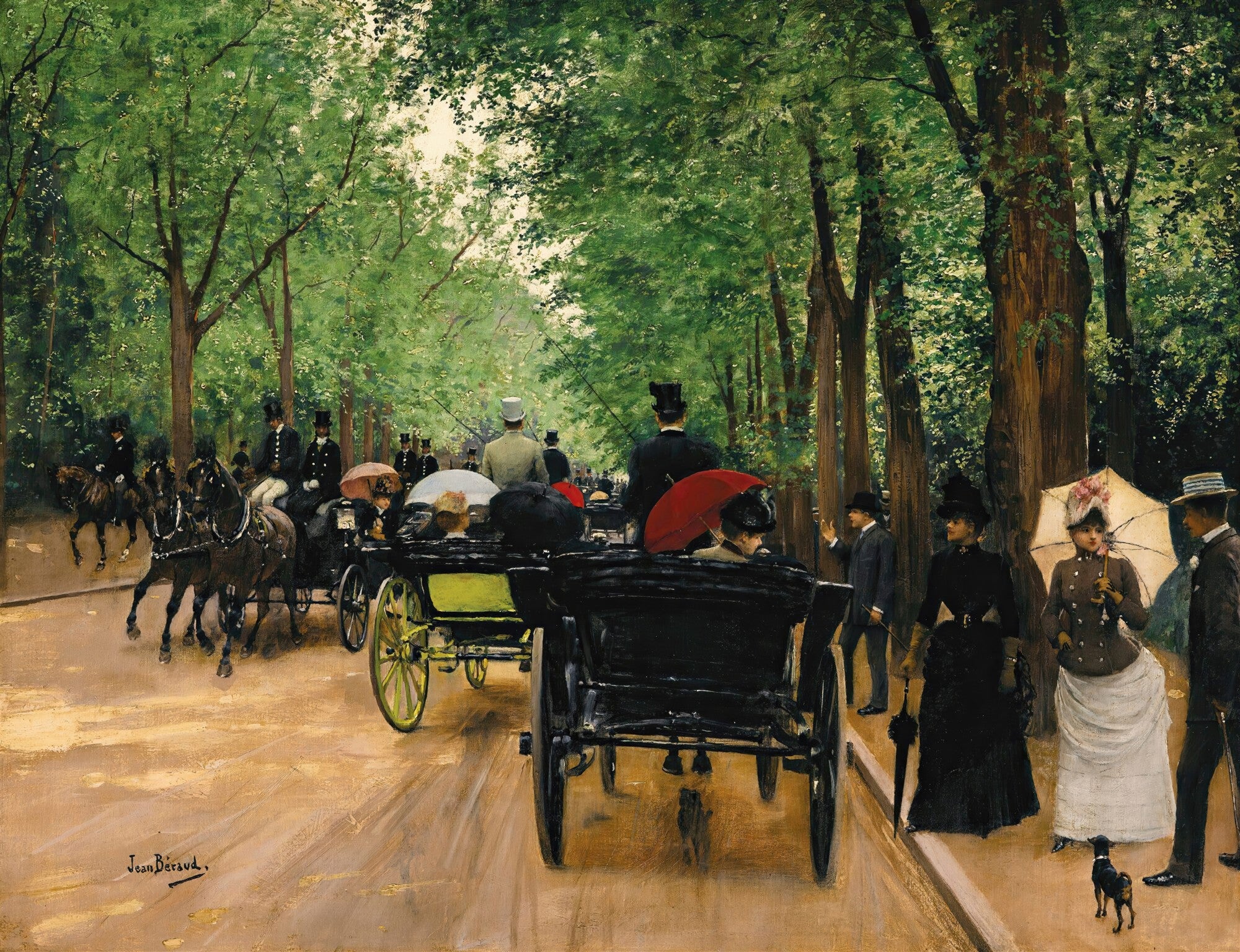Quadro decorativo retratando a Avenida dos Champs-Élysées em Paris, com carruagens, cavaleiros e pessoas caminhando sob árvores frondosas, em estilo impressionista de Jean Béraud.