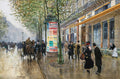 Quadro decorativo 'A Rua de Paris após a Chuva' de Jean Béraud, mostrando uma rua movimentada de Paris após a chuva, com carruagens, pedestres elegantes, um café e uma coluna de anúncios. As cores são suaves e os reflexos na rua molhada são proeminentes.