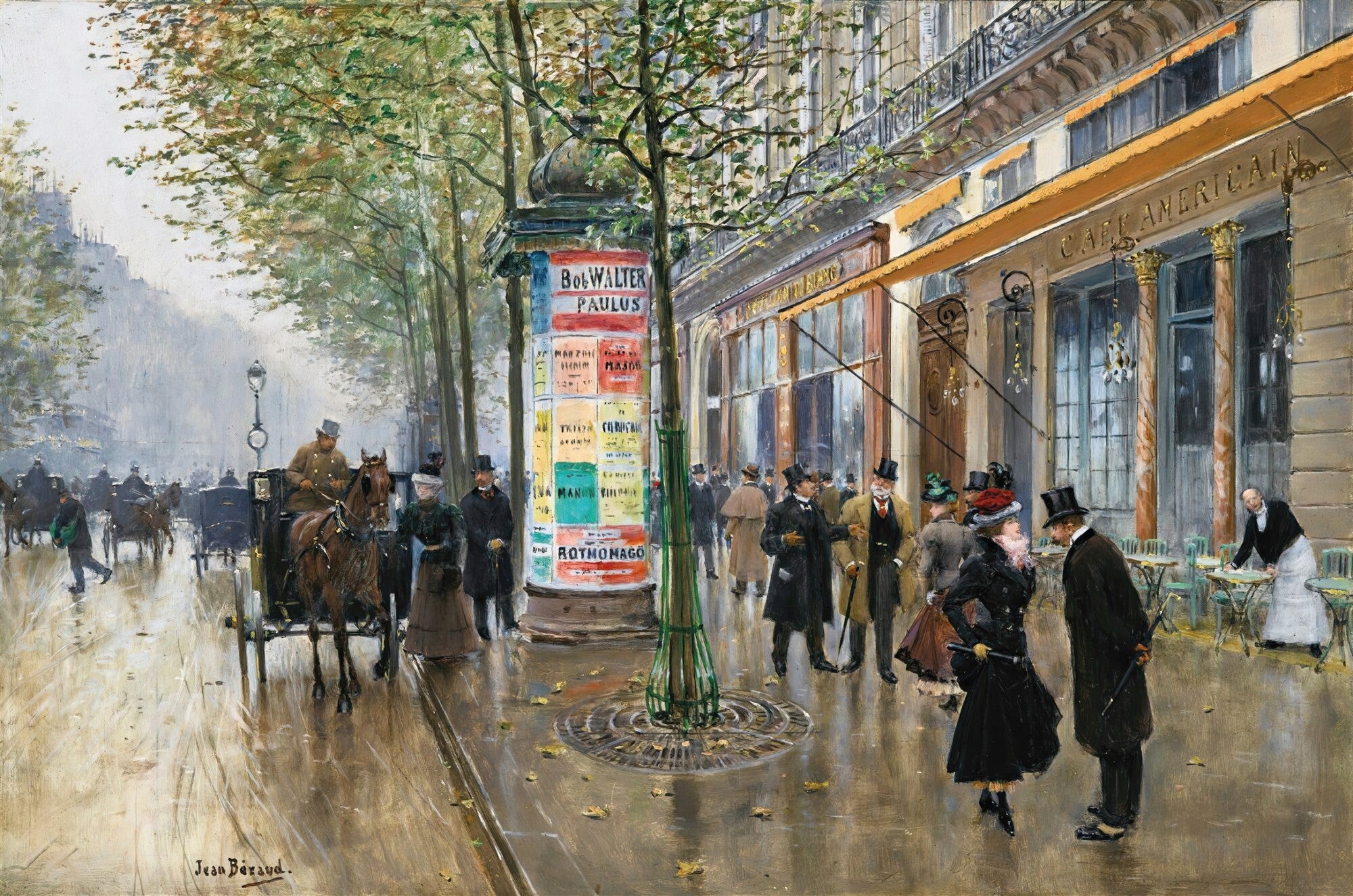 Quadro decorativo 'A Rua de Paris após a Chuva' de Jean Béraud, mostrando uma rua movimentada de Paris após a chuva, com carruagens, pedestres elegantes, um café e uma coluna de anúncios. As cores são suaves e os reflexos na rua molhada são proeminentes.