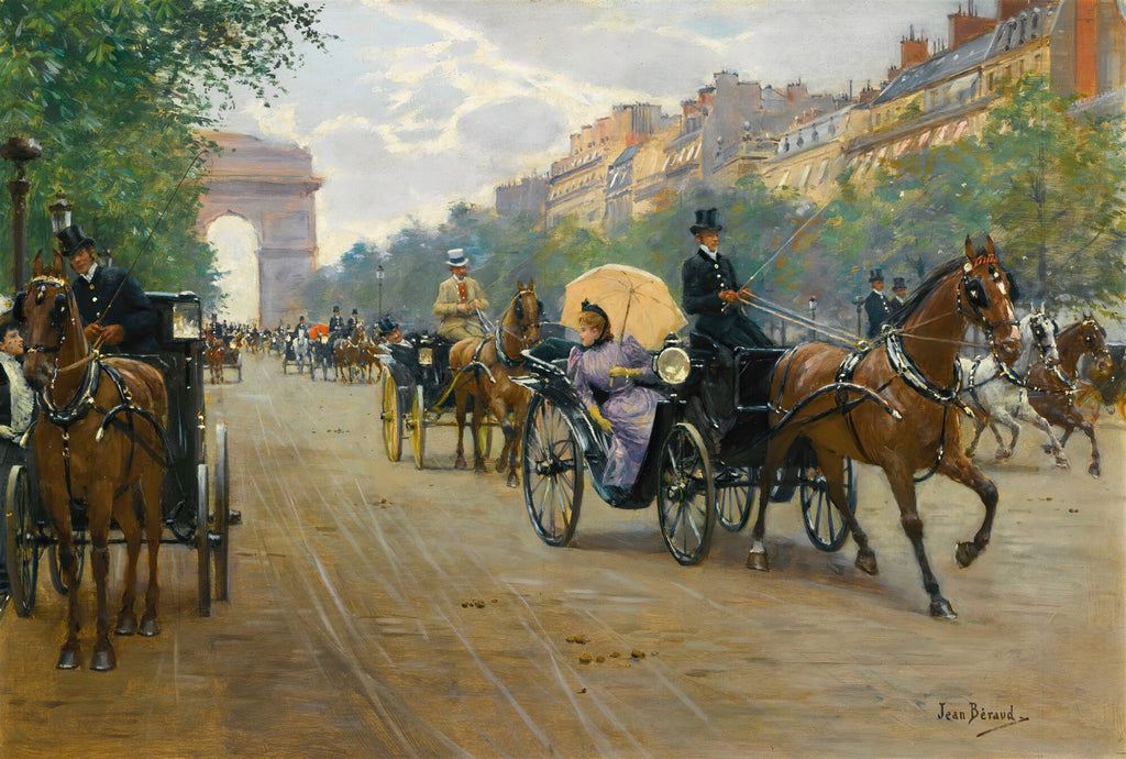 Quadro decorativo mostrando a Avenida dos Champs-Élysées em Paris no século XIX, com carruagens puxadas por cavalos e pessoas elegantes. A obra de Jean Béraud apresenta o Arco do Triunfo ao fundo, árvores e edifícios clássicos, sob um céu nublado, com detalhes de uma mulher com sombrinha em uma carruagem.