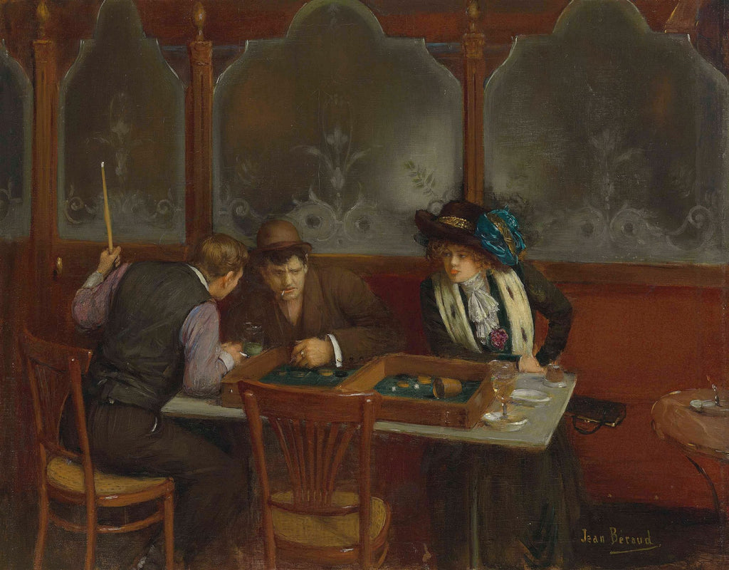 Quadro decorativo "A Partida de Bilhar" de Jean Béraud, retratando três figuras em um salão de bilhar, com dois homens em uma mesa de jogo e uma mulher observando, sob uma iluminação suave e tons terrosos.