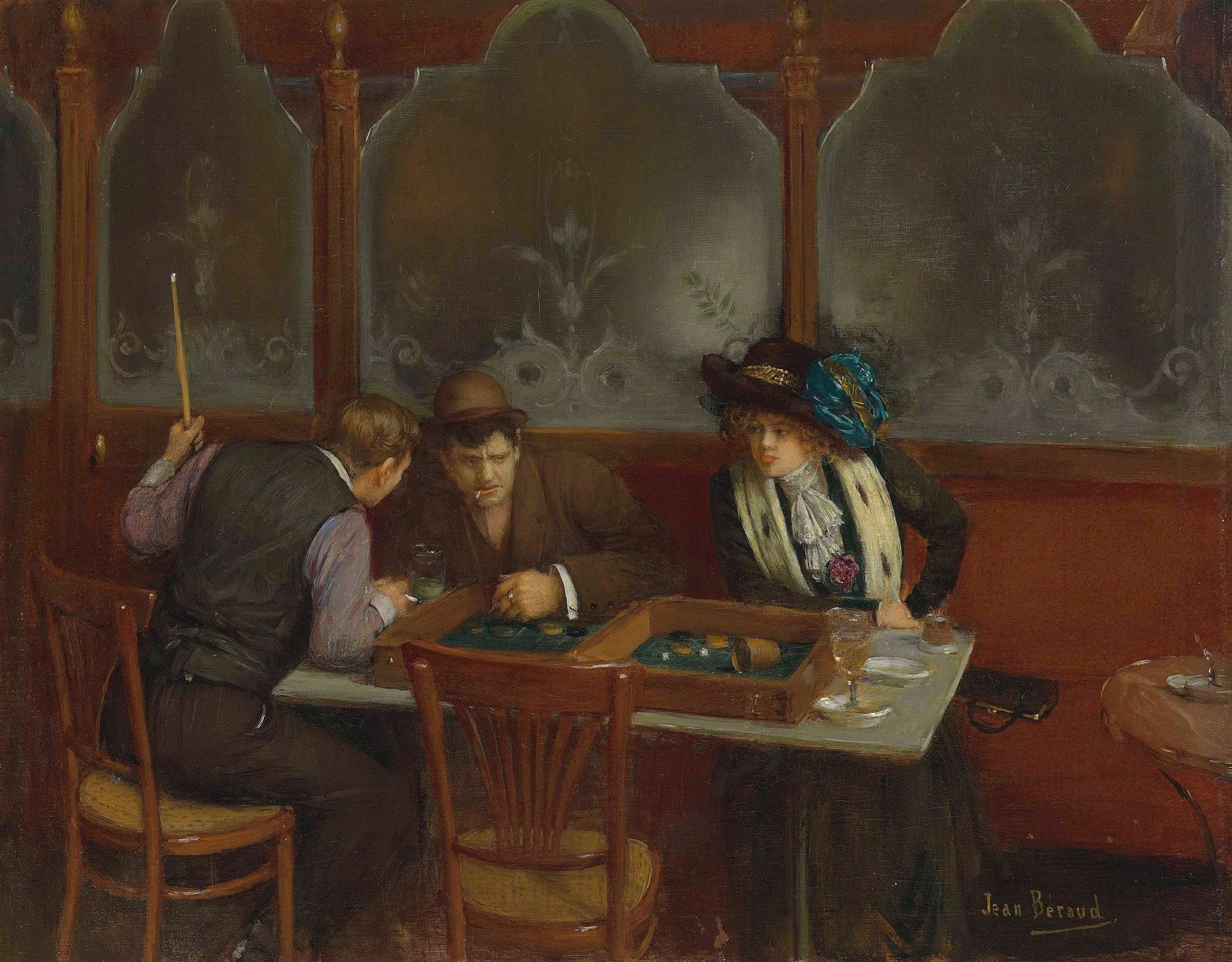 Quadro decorativo "A Partida de Bilhar" de Jean Béraud, retratando três figuras em um salão de bilhar, com dois homens em uma mesa de jogo e uma mulher observando, sob uma iluminação suave e tons terrosos.