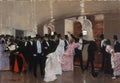Quadro decorativo mostrando uma cena de gala noturna em um salão parisiense, com homens de fraque e cartola e mulheres em vestidos elegantes, alguns conversando e outros em movimento. A obra é de Jean Béraud, datada de 1889.