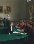 Uma pintura a óleo de Jean Béraud retratando uma advogada em um tribunal, defendendo uma causa perante juízes. A advogada é uma mulher jovem, de pé, vestindo uma toga preta e gola branca, com a mão estendida em um gesto de argumentação. Ela está em uma mesa verde, e à sua frente estão vários homens, presumivelmente juízes, também em togas, alguns com chapéus vermelhos. Ao fundo, há espectadores e bustos de mármore. A sala tem paredes cinzas com quadros pendurados.