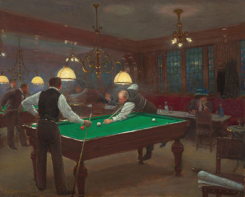 Quadro decorativo representando uma cena de bilhar em um salão parisiense iluminado por lustres, com homens jogando bilhar e uma mulher sentada em uma mesa ao fundo. Atribuído a Jean Béraud.