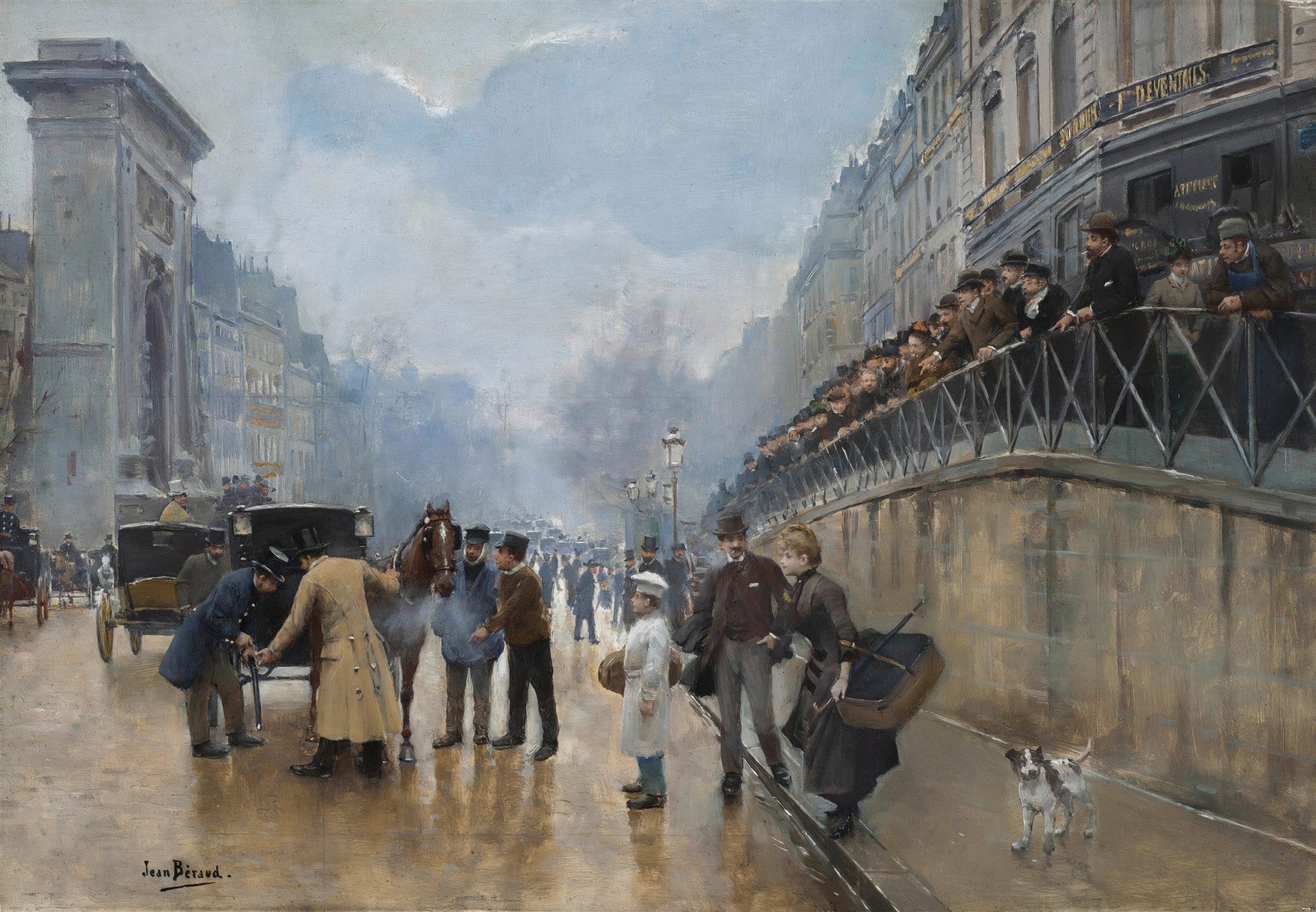 Quadro decorativo mostrando uma cena de rua parisiense com chuva, carroças e pedestres, estilo Jean Béraud, com edifícios clássicos e uma ponte ou mureta