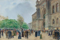 Quadro decorativo mostrando uma cena urbana de Paris no século XIX, com uma multidão de pessoas elegantes caminhando em frente a um grande edifício arquitetônico e árvores verdes, sob um céu claro. Assinatura de Jean Béraud no canto inferior direito.