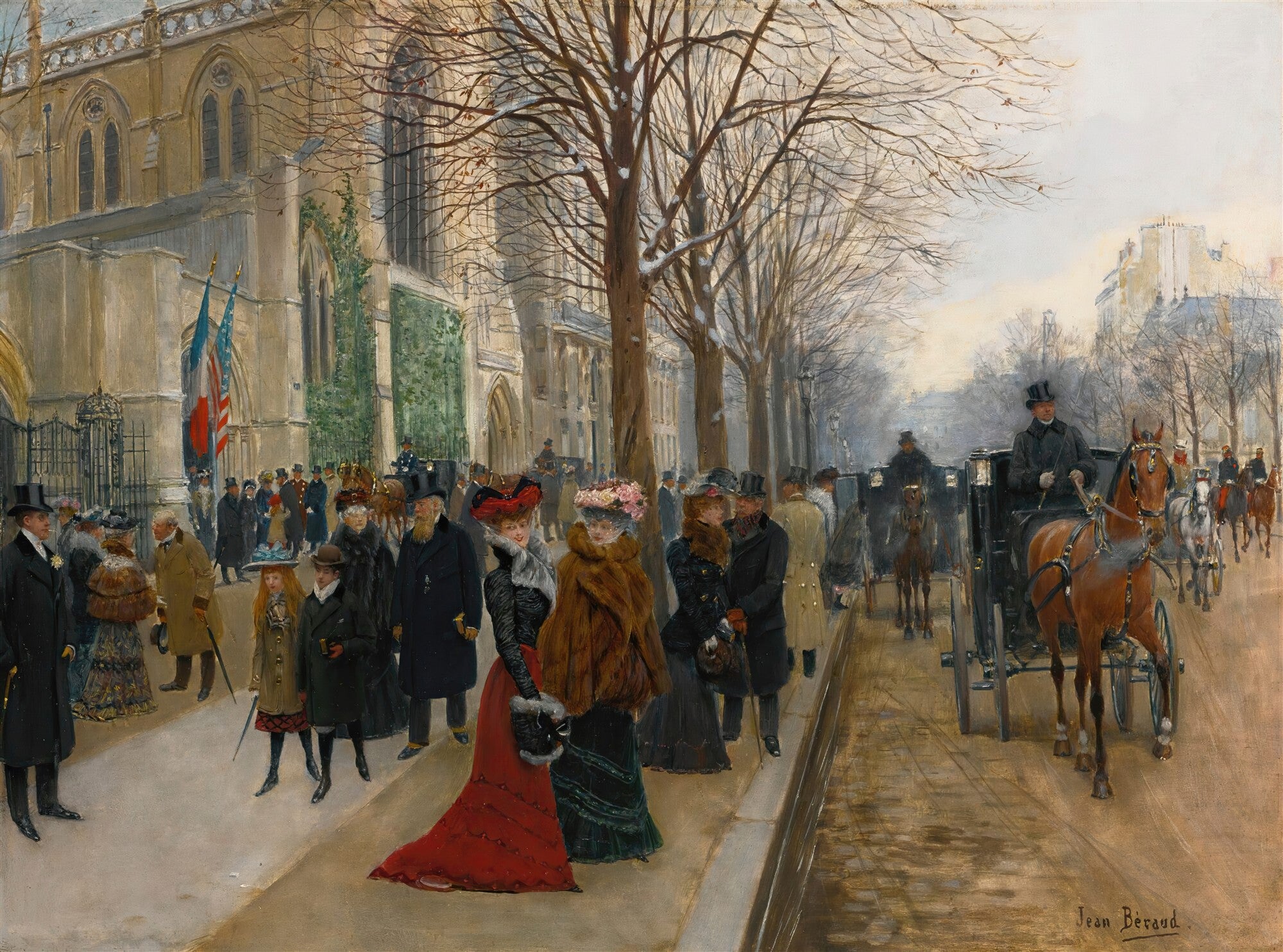 Quadro decorativo mostrando uma cena de rua de Paris no inverno, com pessoas elegantemente vestidas saindo de uma igreja gótica, carruagens e árvores secas com um pouco de neve. A assinatura 'Jean Béraud' aparece no canto inferior direito.