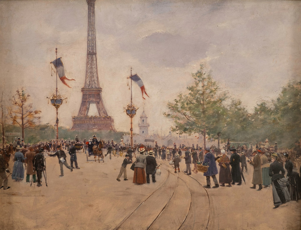 Quadro decorativo mostrando a Torre Eiffel em Paris ao fundo, com uma multidão de pessoas elegantes caminhando em primeiro plano, em tons suaves e atmosféricos, de Jean Béraud.